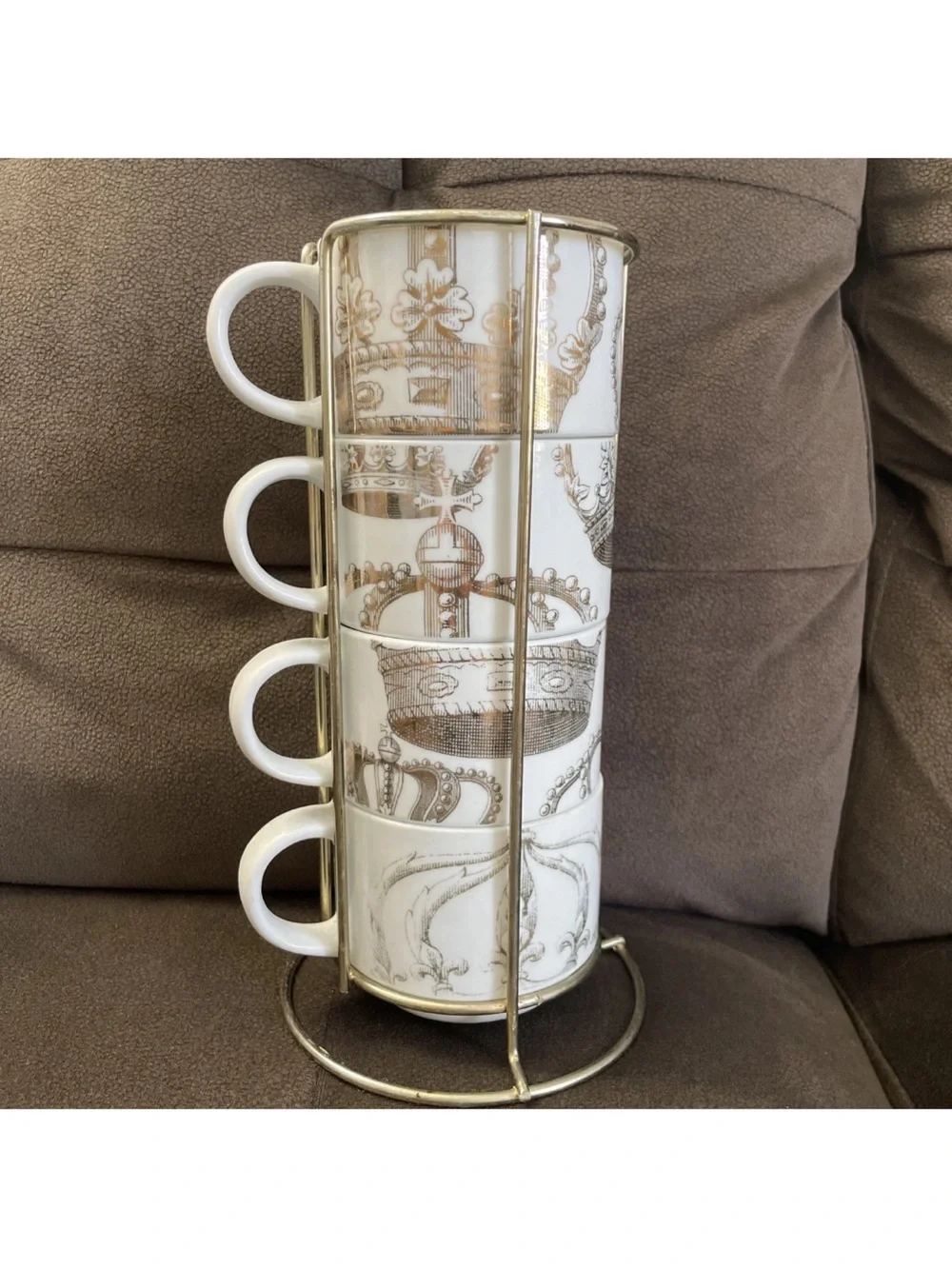 Pier 1 Stackable Coffee Mugs SET OF 4 Cups w/ Rack Silver Crown Elegant Regency